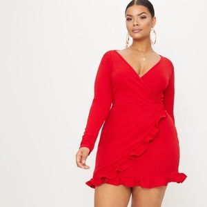 Plus Red Ruffle Detail Wrap Dress